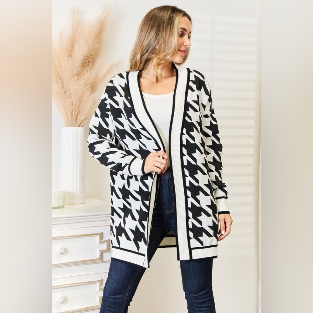 Mandy Woven Right Houndstooth Open Front Longline Cardigan